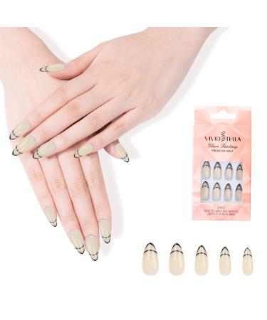 Vividt stella shiny almond nails line French press on nude oval designed abstract tip full cover acrylic false nails sets 24 pieces French