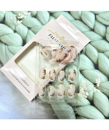 Buy Short Almond Press On Nails | Glossy Gold Leaves Design | Reusable Full Cover Acrylic Fake Nails - 24Pcs - Buy Online on GoSupps.com