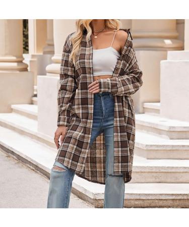 Women's Casual Lapel Button Down Long Plaid Shirt Coat 2023 Fall Styles Women Plaid Trench Coats Cardigans Thin Coffee#61 XX-Large - Buy Online on GoSupps.com