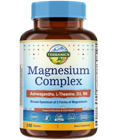 Terranics Magnesium Complex Supplement with Glycinate, Citrate, Taurate & Malate | Supports Nerve & Mood Health | Includes Ashwagandha, L-Theanine, Vitamin D3 & B6 | 240 Capsules | Non-GMO 240 Count (Pack of 1)