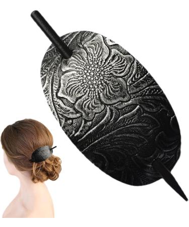 Hair Barrette - Oval Hairpin Clip Vintage Hair Accessory | Oval Leather Hair Barrette Hair Stick Hairpin Holder Long Hair Pin for Women Ponytail Accessory Leather Hair Clips 4.92x1.97in silver - Buy Online on GoSupps.com