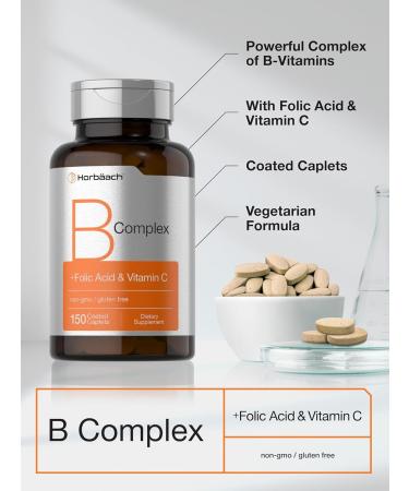 Horbaach B Complex Vitamins for Women and Men | 150 Caplets | with Folic Acid & Vitamin C | Non-GMO & Gluten Free Supplement - Buy Online on GoSupps.com