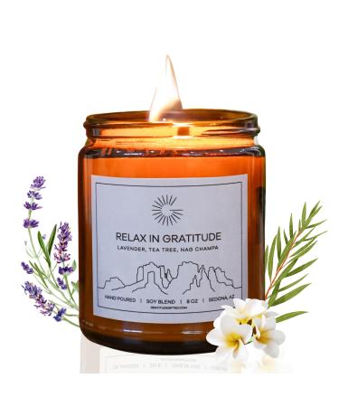 Relax in Gratitude - Premium Soy Blend Gratitude Candle with Lavender Tea Tree and Nag Champa Fragrances - Handcrafted Aromatherapy Candle Ideal Thank You Gift for Women & Men 8 oz Lavender Tea Tree Nag Champa