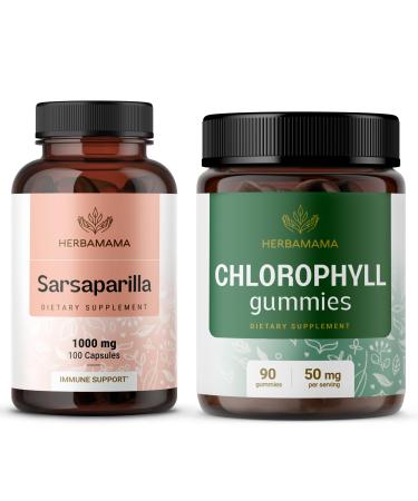 HERBAMAMA Sarsaparilla and Chlorophyll Kit - Bundle of 1000 mg Sarsaparilla Root Capsules & 50 mg Chlorophyll Gummies - Vegan Non-GMO Gelatin-Free - 2 Pack