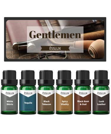 Fragrance Oil, ESSLUX Gentlemen Collection of 6 Premium Scented Oils, Masculine Soap Candle Making Scents, Men’s Essential Oils for Diffuser, Lush Leather, Black Rose & Oud, Tequila and More