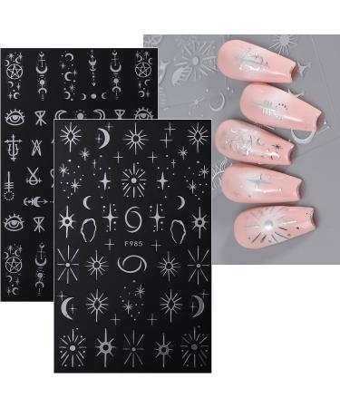 JMEOWIO Self-Adhesive Silver Nail Art Stickers - Moon, Star, Sun Design - 8 Sheets - Buy Online on GoSupps.com