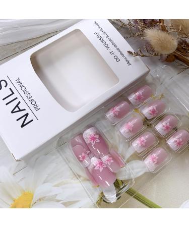 Pink Press on Nails - Medium Square Fake Nails with Flower Designs | Glossy Nude Pink Cherry Blossom - Reusable Acrylic Full Cover - 24PCS - Buy Online on GoSupps.com