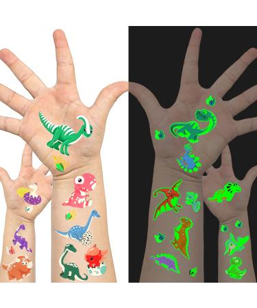 GLOW IN THE DARK: Easy to use: Choose your favorite dinosaur  tear it off  wet the fake tattoo with water  wait 20-30 seconds  and finally gently tear off the white surface. You will get a glowing tattoo. (Tip: Glowing t...