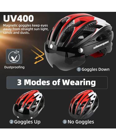 Shinmax CPSC/CPC Certified Bike Helmet with Magnetic Goggles & LED Light | Adjustable Adult Cycling Helmet - Black/Red/White - Buy Online on GoSupps.com