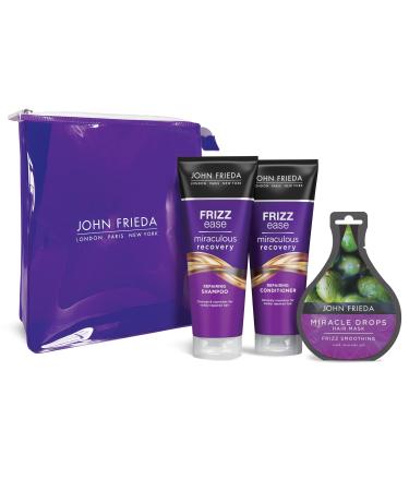 John Frieda Frizz Ease Miraculous Recovery Gift Set - Shampoo Conditioner & Miracle Drops. Anti-Frizz Haircare Bundle for Dry Distressed Hair