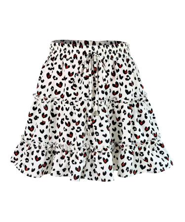 LAEMILIA Womens Elastic Waist Flared Short Skirt Floral Print Pleated Mini Skater Skirt with Drawstring XL White