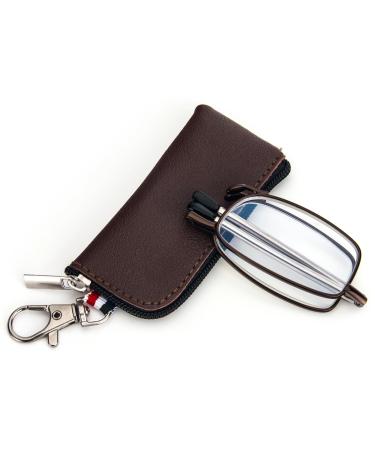 MMOWW foldable reading glasses for women and men with telescopic pole with zipper Key trailer Mini anti blue light glasses (brown +2.5) brown 2.5 x
