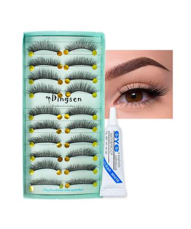 False Lashes Eye Lash Eyelashes Set Fluffy Russian Eyelash Kit Strip Lash Wispy Handmade Cat Eye Lashes Volume Dramatic 10 Pairs 3D Thick Long Fake Lashes with Glue Natural Cross Fake Lashes