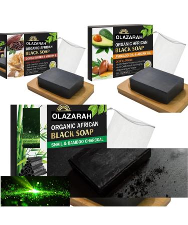 Natural African Black Soap with Avocado & Argan Oil Bamboo Charcoal Cocoa Butter Moisturizing Brightening Toning and Anti-Freckle (3pks) 4 oz