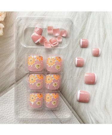 Nude Pink Square Fake Toenails with Flower Design - 24 Pcs | Full Cover Glossy Toe Nail Tips for Women | Spring/Summer French Acrylic Toenails - Buy Online on GoSupps.com