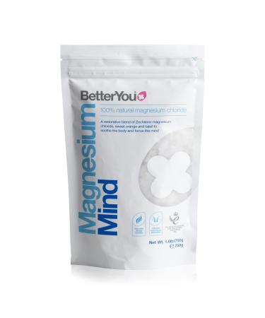 BetterYou Magnesium Mind Bath Flakes blend of pure Zechstein magnesium chloride with revitalizing essential oils sweet orange and basil to soothe body and mind 750 g
