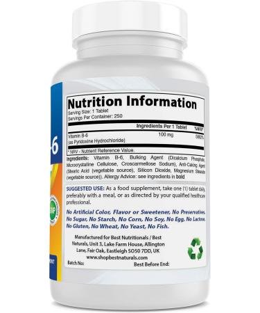 Vitamin B-6 100 mg 250 Tablets by Best Naturals (250 Count (Pack of 3)) 250 count (Pack of 1) - Buy Online on GoSupps.com