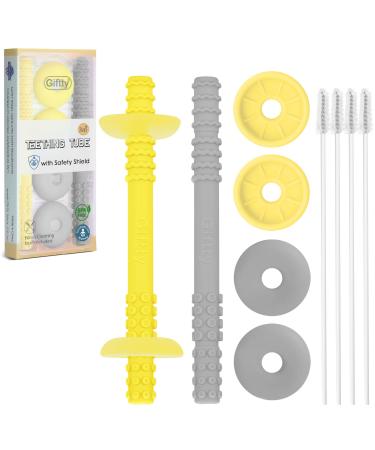 Teething Tube with Safety Shield Baby Hollow Teether Sensory Toys Gum Massager  Food-Grade Silicone for Infant 3-12 Months Boys Girls  1 Pair with 4 Cleaning Brush Included (Yellow+Gray)