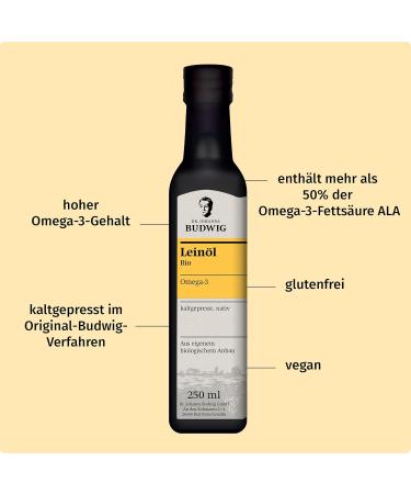 Dr. Budwig Organic Cold-Pressed Linseed Oil 250ml - High-Dose Omega 3 from Sustainable Flaxseed - Vegan & Unfiltered Omega 3 Oil for Kids - Buy Online on GoSupps.com