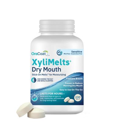 OraCoat XyliMelts Dry Mouth Relief Stick-On-Melts for Sensitive Mouths Mint-Free and Acacia Gum-Free with Xylitol 230 Count Non-Acidic Day & Night User Long Lasting 8-Hour Moisturizing Relief