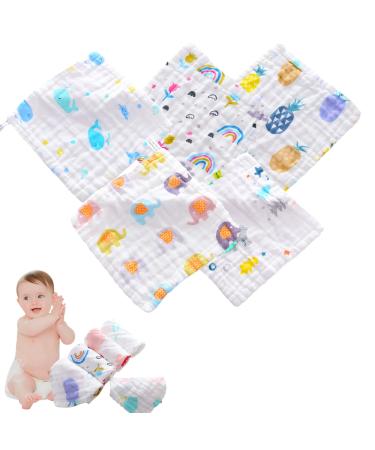 5 PCS Cotton Baby Muslin Washcloths Soft Reusable Friendly to Skin 6 Printed Layers Design Muslin Small Squares Bathing Towel for Baby Girls Toddlers Children(10 x 10 inches)