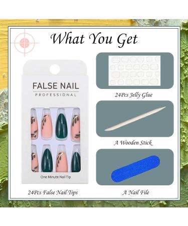 Dark Green Almond False Nails - 24Pcs French Fake Nails with Leaves Design - Short Oval Nail Tips for Women - Acrylic Press On Nails for Girls - Buy Online on GoSupps.com