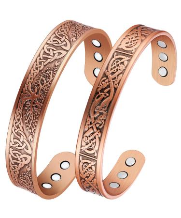 Vicmag 2PCS Lymphatic Drainage Copper Magnetic for Men Ultra Strength Magnetic 99.99% Solid Pure Copper Cuff Bangles (Adjustable Size with Gift Box) (Tree & Ireland)