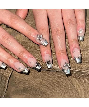 French Tip Press on Nails - Medium style Press On Nails with Nail Tips Silver Edge Star False Nail press on nails Acrylic False Nails Cute Artificial Nails