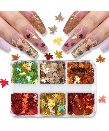 6 Grids 3D Maple Leaf Glitter Nail Sequins - Autumn Nail Art Stickers & Decals | Holographic Leaf Charms for Acrylic Nails | Fall Glitter Designs in Gold Yellow & Red - Buy Online on GoSupps.com