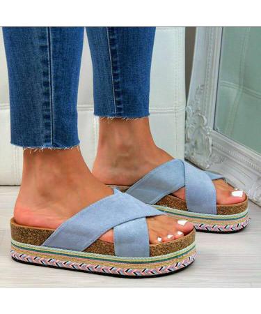 Femmes Wedges plateau-lipper summer beach slip-on sandals bohemia fashionable casual leisure large width thick floor open toe area paragraph non-slip flip-flop shoes (blue 43 bluew 39 EU