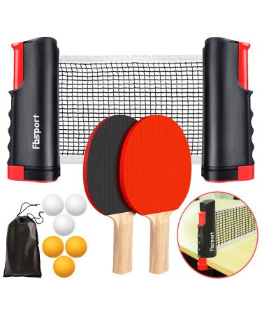 FBSPORT Ping Pong Paddle Set, Portable Table Tennis Set with Retractable Net, 2 Rackets, 6 Balls and Carry Bag for Children Adult Indoor/Outdoor Games black