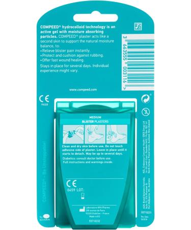 Compeed Medium Size Blister Plasters 5 Hydrocolloid Plasters Foot Treatment Heal fast Dimensions: 4.2 cm x 6.8 cm (packaging may vary) Pack of 5 Original Pack - Buy Online on GoSupps.com