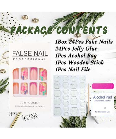 24pcs Glossy French Press Flower False Nails - Short Square Cute Floral Designs in Purple, Yellow, and Pink - Acrylic Tip Manicure Decoration for Women and Girls - Buy Online on GoSupps.com