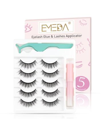 EMEDA Natural lashes with glue and tweezers 5 Pair Natural look eyelashes with lash glue 3D Short Natural false lashes Kit Strip Fake Lashes With Applicator (Natural 1) Natural 01