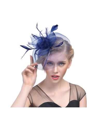 JZK dark blue lady vintage fascinator flower headgear headpiece feather hair accessories veil with clip & headband elegant hair accessories hat for cocktail party wedding