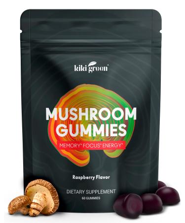 KIKI Green Mushroom Gummies with Lion's Mane & 9 Adaptogen Mushrooms Blend - Chaga Red Reishi Cordyceps Shiitake Black Fungus | 60 Gummies  10:1 Extract