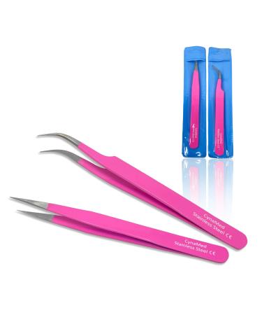 Cynamed Pink Eyelash Extension Tweezers Straight and Lash Tweezers Curved - Set of 2  Stainless Steel Extension Precision Tweezers  Volume Lash Tweezers for Eyelash Extensions Eyelash Tweezers