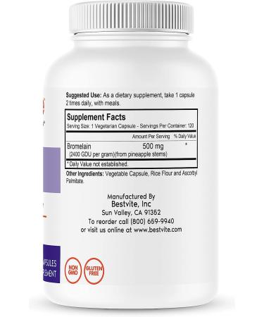 Bromelain 500mg (2400 GDU/Gram) | 120 Veg Capsules | Vegan & Non-GMO | Gluten Free - Buy Online on GoSupps.com