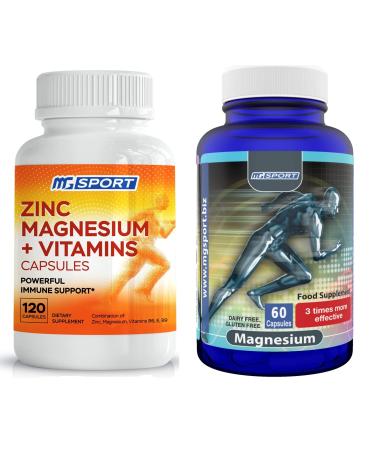 High Absorption Zinc and Magnesium (60 Count) Bundle - Magnesium for Leg Cramps and Sore Muscles Relief - Zinc for Immune Support and Recovery - with Vitamin B6 D and E