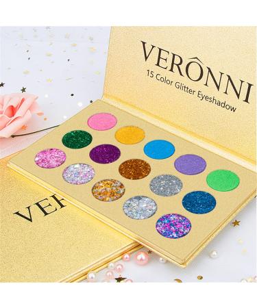 VERONNI Glitter Eyeshadow Palette - 15 Colors Matte Shimmer Glitter | High Pigment Eye Shadow Palette for Stage & Halloween Makeup - Buy Online on GoSupps.com