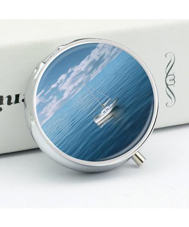 Round Pill Box - White Boat on Blue Sea Print | 3 Compartment Portable Pill Organizer | Decorative Metal Pocket Medicine Case - Style 33 - Buy Online on GoSupps.com