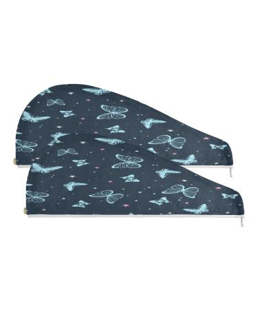 Doodle Colorful Butterfly Pattern Dry Hair Cap 2 Piece Quick Drying Towel Set with Button Headband Super Absorbent Soft & Comfortable