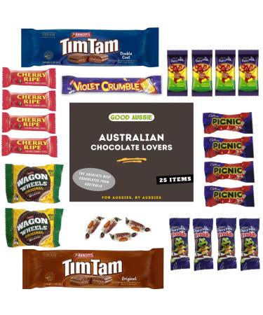 Australian Chocolate Box - Chocolate Lovers (25 Items) Tim Tam Cherry Ripe Violet Crumble Picnic Freddo Caramello Koala Wagon Wheels Mintes