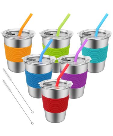 Kids Cups with Straws and Lids 6 Pack 12oz Spill Proof Stainless Steel Drinking Tumblers Unbreakable Water Glasses BPA-Free Metal Smoothie Sippy Mug for Toddler Children Adult Indoor Outdoor