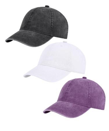AOSMI 3 Pack Vintage Washed Cotton Adjustable Baseball Caps for Men Women Unstructured Low Profile Plain Classic Dad Hat Black White Purple