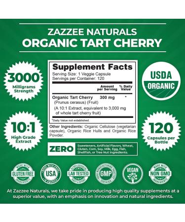 Zazzee USDA Organic Tart Cherry Extract Capsules - 3000mg Strength - 120 Vegan Capsules - Non-GMO & All-Natural - USDA Certified Organic - Buy Online on GoSupps.com