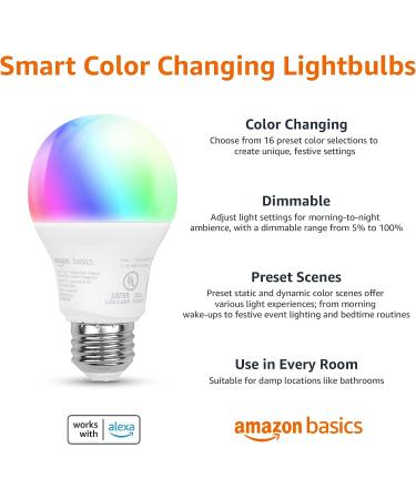 Amazon Basics Smart A19 LED Light Bulb 4-Pack - Color Changing, Wi-Fi, Alexa Compatible - 60W Equivalent, 800LM - Certified for Humans - Buy Online on GoSupps.com