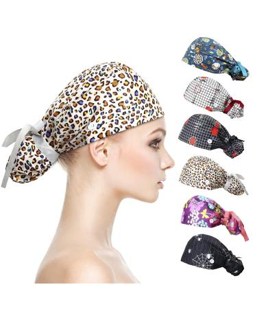 6 pcs Adjustable Bouffant Scrub Turban Cap with Buttons for Nurse Long Hair Ponytail Surgical Beanie Hat for Medical Working Kit 2