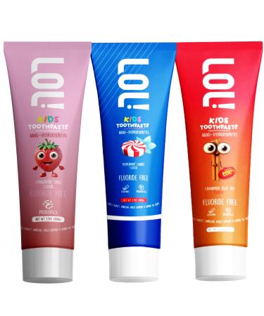 LOL Kids Toothpaste 3-Flavor Pack | Nano Hydroxyapatite Toothpaste Probiotics Vitamins A C E | Safe if Swallowed No SLS | 1 Peppermint 1 Strawberry & 1 Cinnamon