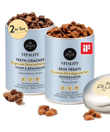 Puja Katzensnack grain -free double fit with vitality teeth + vitality skin for cats - healthy teeth and shiny fur 2x150g treats small for reward & game favorite package - fur & dental care